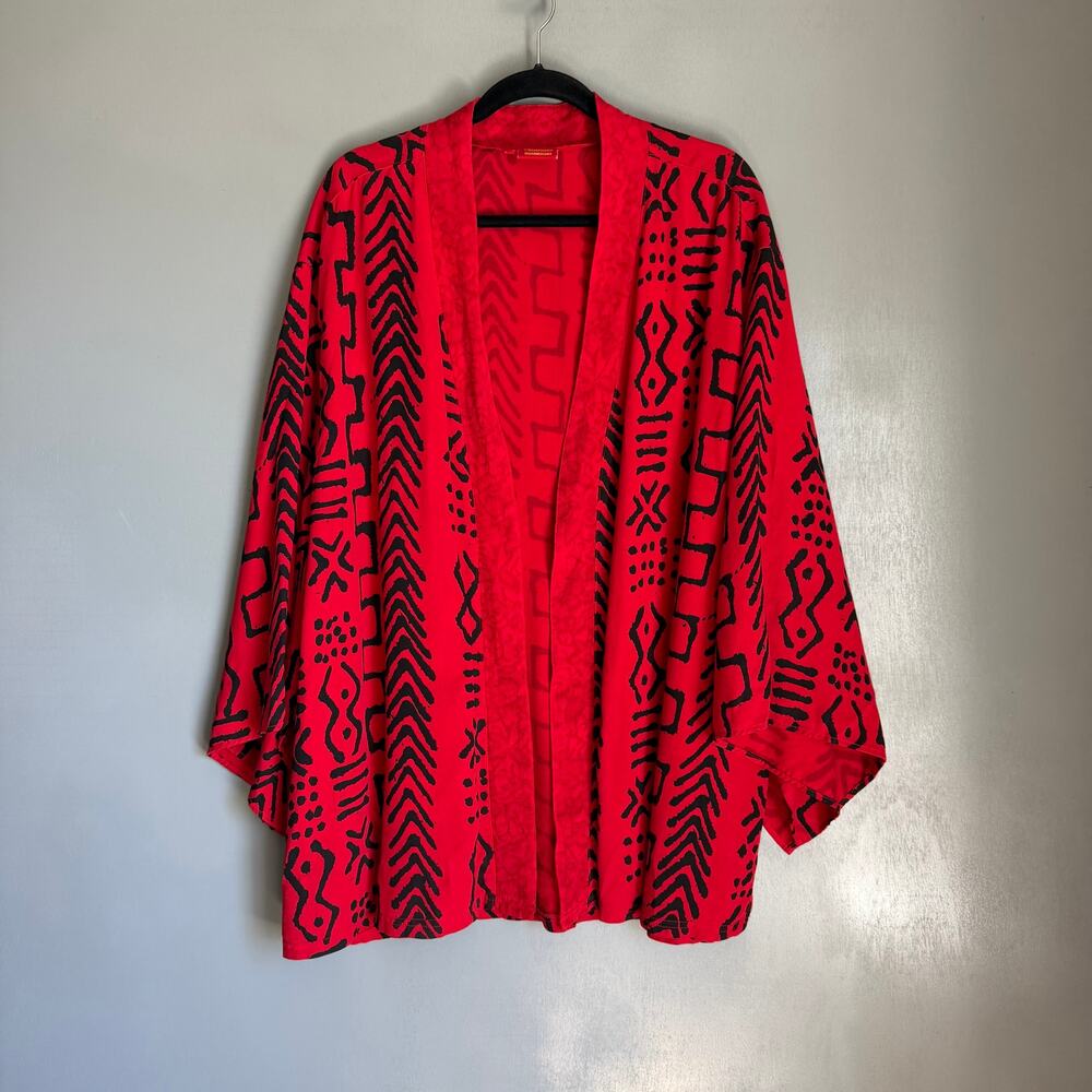 Vintage TIANELLO Women's XL Kate Kimono Haori Vibrant Red Tencel Jacket Tribal